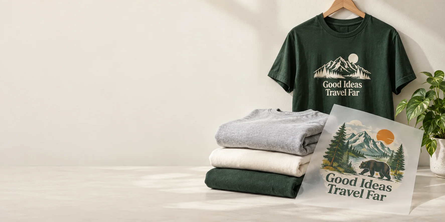 Folded blank apparel, a colorful transfer and a printed forest-green shirt