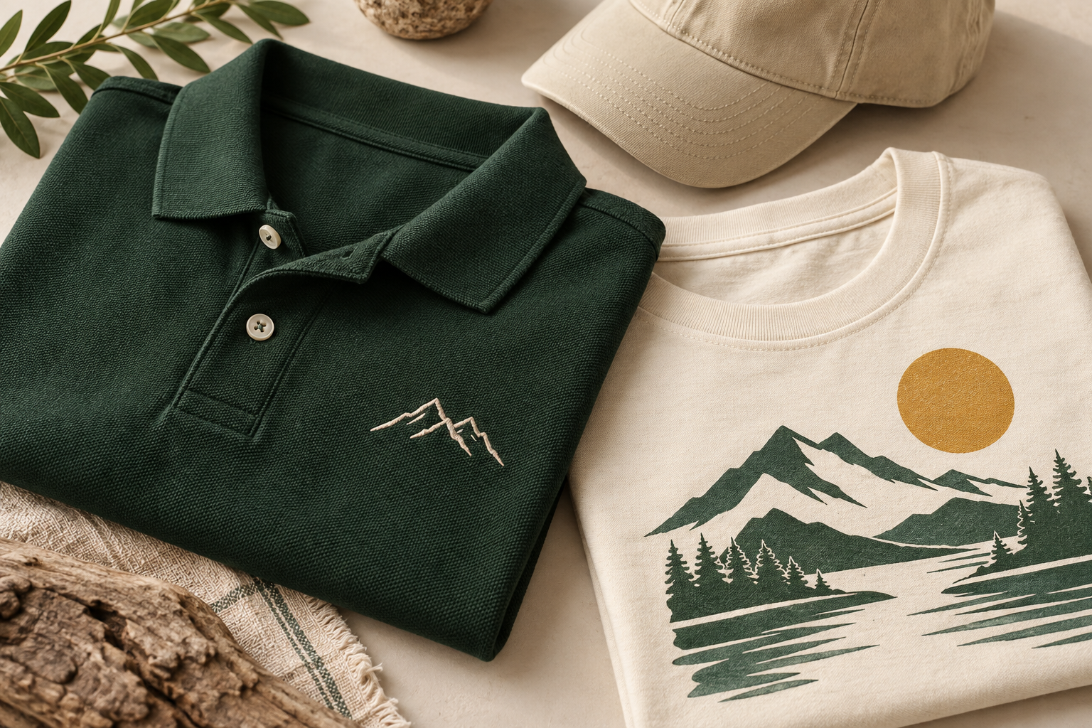 Illustrative printed shirt, embroidered polo, and cap showing decoration possibilities