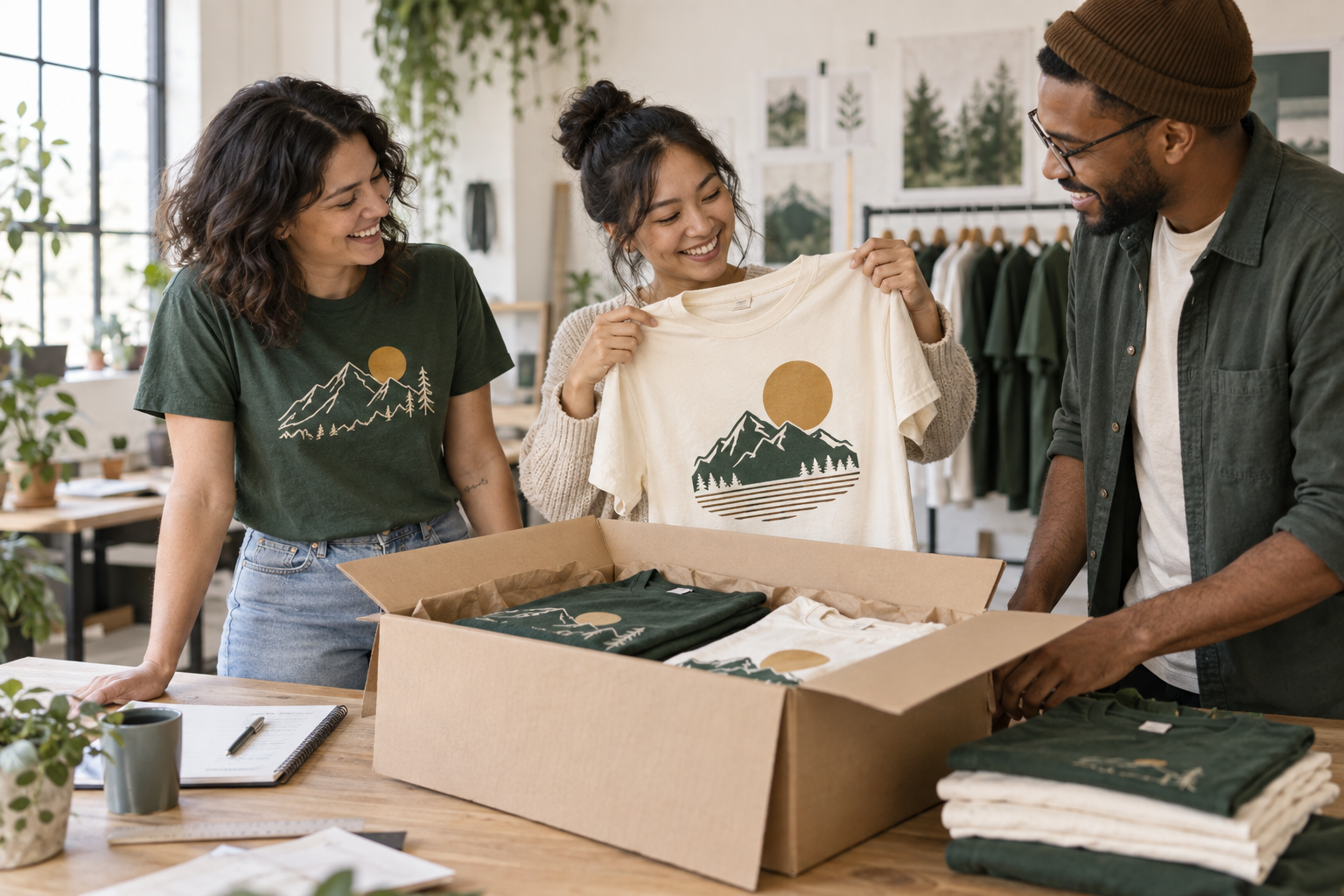 Illustrative scene of a team sharing custom printed shirts